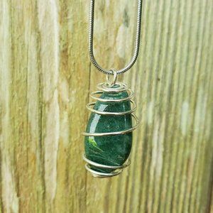 Polished Stone Necklace, Green Aventurine Silver Wire Wrap Pendant, 18", quartz